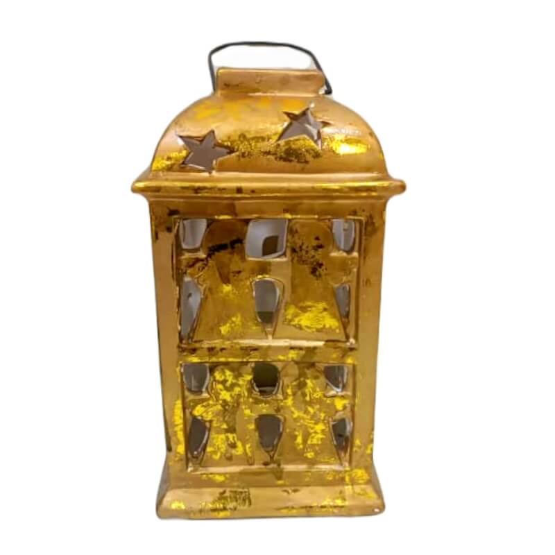 FAROL DE CERAMICA/DORADO P/VELAS 25CM